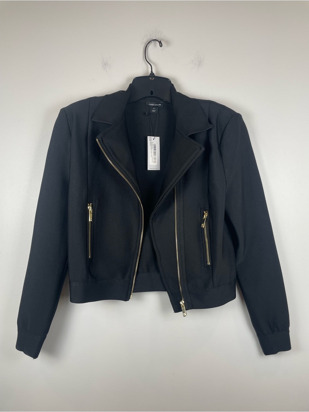 NWT Karen Millen Bandage Knit Moto Bomber Jacket Black Gold Zip XS